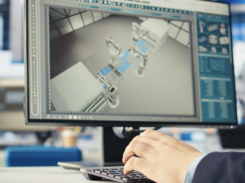 Photovoltaics factory engineer using PC to improve solar panels efficiency Photovoltaics factory engineer using program on PC to improve solar panels efficiency. Solar panels manufacturing plant worker researching cheaper solar solutions using computer, camera A close up